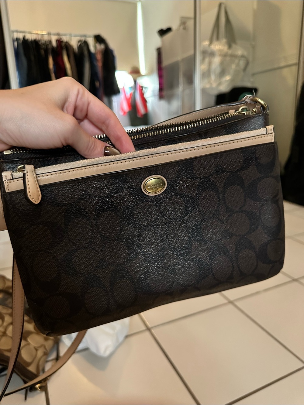 Coach Dark Brown Signature Crossbody with Tan Strap